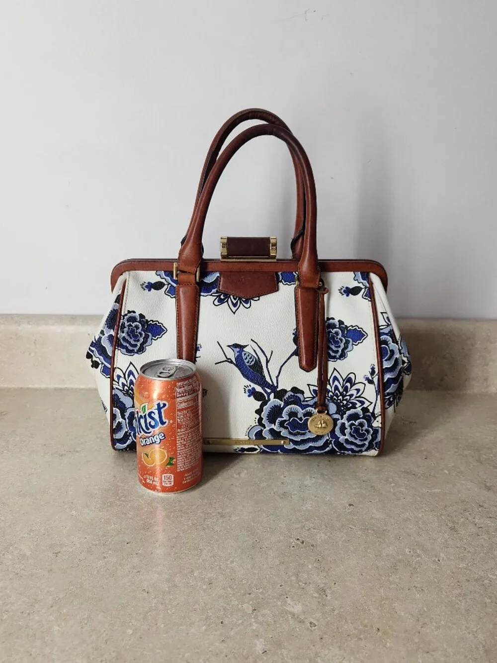 Brahmin Frame Satchel Blue Delft floral birds print hand bag classic rare - Picture 3 of 16